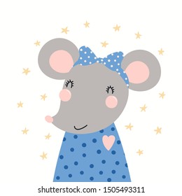 Hand drawn portrait of a cute cartoon mouse in shirt and headscarf, with stars. Vector illustration. Isolated objects on white background. Scandinavian style flat design. Concept for children print.