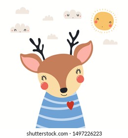 Hand drawn portrait of a cute deer in striped shirt, with sun and clouds. Vector illustration. Isolated objects on white background. Scandinavian style flat design. Concept for children print.