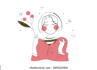 Hand drawn portrait of a cute dreaming girl with blush on cheeks holding a branch