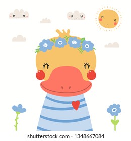 Hand drawn portrait of a cute duck in shirt and flower wreath, with sun, clouds. Vector illustration. Isolated objects on white background. Scandinavian style flat design. Concept for children print.