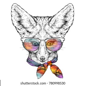 Hand drawn portrait of cute Fennec Fox in glasses and with bow tie. Vector illustration isolated on white