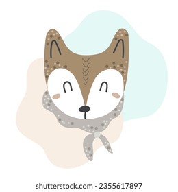 Hand drawn portrait of cute fox in pastel colors in scandinavian style isolated on white background. Design element for baby clothes, cards, textiles, fabrics, wallpapers