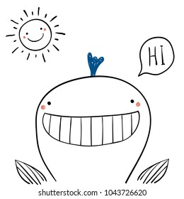 Hand Drawn Portrait Of A Cute Funny Whale, Saying Hi. Isolated Objects On White Background. Line Drawing. Vector Illustration. Design Concept For Children Print.