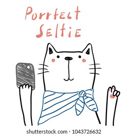 Hand drawn portrait of a cute funny cat in a scarf with a smart phone, taking selfie. Isolated objects on white background. Line drawing. Vector illustration. Design concept for children print.