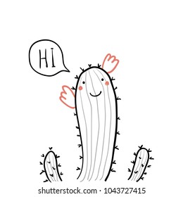 Hand drawn portrait of a cute funny cactus, saying Hi. Isolated objects on white background. Line drawing. Vector illustration. Design concept for children print.