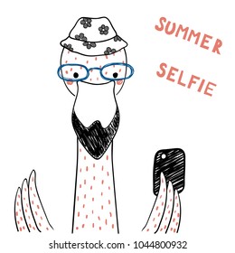 Hand drawn portrait of a cute funny flamingo in glasses with a smart phone, taking selfie. Isolated objects on white background. Line drawing. Vector illustration. Design concept for children print.