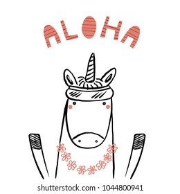 Hand drawn portrait of a cute funny unicorn in flower chain, visor, with text Aloha. Isolated objects on white background. Line drawing. Vector illustration. Design concept for children print.
