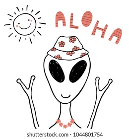 Hand drawn portrait of a cute funny alien in flower chain, bucket hat, under summer sun. Isolated objects on white background. Line drawing. Vector illustration. Design concept for children print.