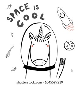 Hand drawn portrait of a cute funny unicorn in space, waving, with typography. Isolated objects on white background. Line drawing. Vector illustration. Design concept for children print.