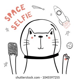 Hand drawn portrait of a cute funny cat in space with a smart phone, taking selfie. Isolated objects on white background. Line drawing. Vector illustration. Design concept for children print.