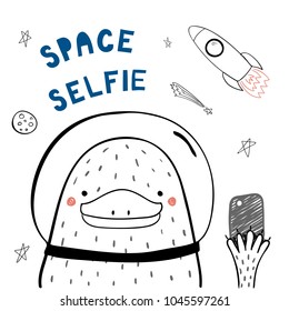 Hand drawn portrait of a cute funny platypus in space with a smart phone, taking selfie. Isolated objects on white background. Line drawing. Vector illustration. Design concept for children print.