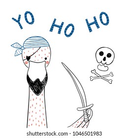 Hand drawn portrait of a cute funny pirate flamingo in bandana, eye patch. Isolated objects on white background. Line drawing. Vector illustration. Design concept for children print.