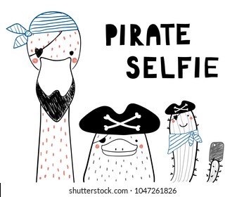 Hand drawn portrait of a cute funny platypus, flamingo, cactus in pirate hats, taking selfie. Isolated objects on white background. Line drawing. Vector illustration. Design concept for children print