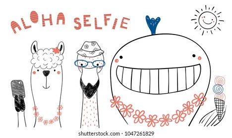 Hand drawn portrait of cute funny animals in summer, taking selfie under the sun. Isolated objects on white background. Line drawing. Vector illustration. Design concept for children print.