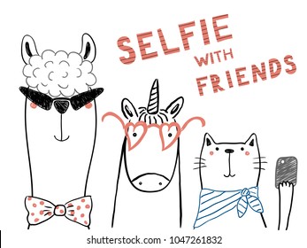 Hand drawn portrait of a cute funny unicorn, llama, cat, taking selfie together. Isolated objects on white background. Line drawing. Vector illustration. Design concept for children print.