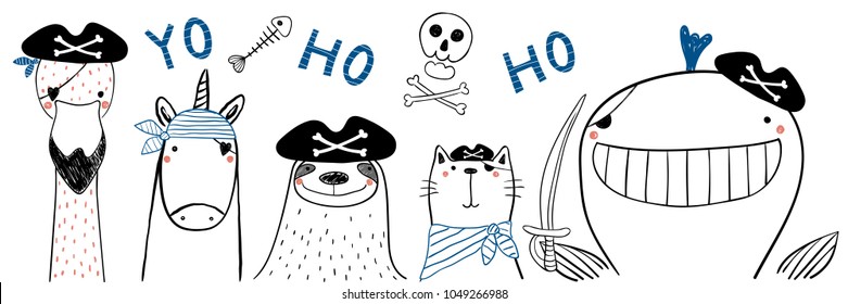 Hand drawn portrait of a cute funny pirate animals in tricorne hats, with eye patches. Isolated objects on white background. Line drawing. Vector illustration. Design concept for children print.