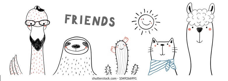 Hand drawn portrait of a cute funny flamingo, sloth, cactus, llama, cat, with text Friends. Isolated objects on white background. Line drawing. Vector illustration. Design concept for children print.