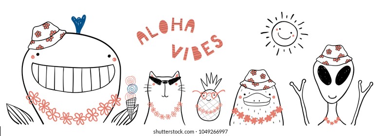 Hand drawn portrait of cute funny animals in flower chains, bucket hats, under summer sun. Isolated objects on white background. Line drawing. Vector illustration. Design concept for children print.