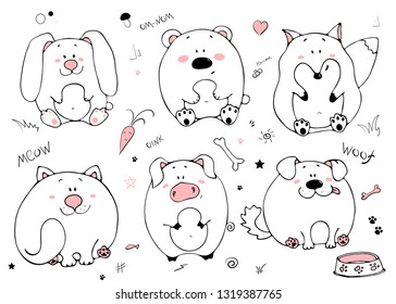 Hand drawn portrait of a cute funny fat animals. Set of isolated objects on white background. Vector illustration with rabbit, bear, fox, cat, dog and pig. Design concept for children print