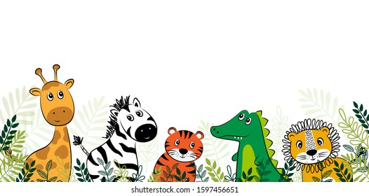 Hand drawn portrait of a cute funny elephant, giraffe, crocodile, lion, tiger and Zebra . Isolated objects on white background.