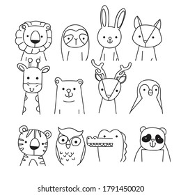 Hand drawn portrait of a cute funny  animals. Isolated objects on white background. Line drawing. Vector illustration. Design concept for children print.
