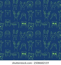Hand drawn portrait of a cute funny animals. Line drawing design concept for children print. Vector illustration seamless pattern.