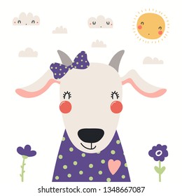 Hand drawn portrait of a cute goat in shirt and ribbon, with sun and clouds. Vector illustration. Isolated objects on white background. Scandinavian style flat design. Concept for children print.