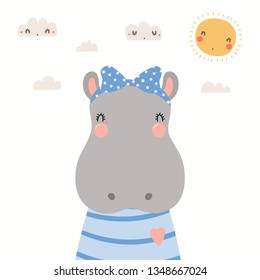 Hand drawn portrait of a cute hippo in shirt and ribbon, with sun and clouds. Vector illustration. Isolated objects on white background. Scandinavian style flat design. Concept for children print.