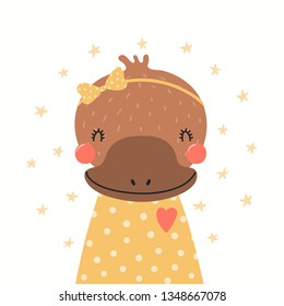 Hand drawn portrait of a cute platypus in shirt and ribbon, with stars. Vector illustration. Isolated objects on white background. Scandinavian style flat design. Concept for children print.