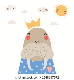 Hand drawn portrait of a cute walrus in shirt and crown, with sun and clouds. Vector illustration. Isolated objects on white background. Scandinavian style flat design. Concept for children print.