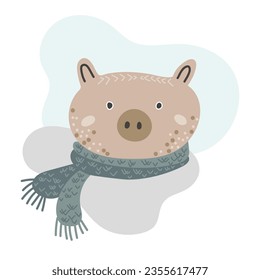 Hand drawn portrait of cute wild boar in scandinavian style in pastel colors isolated on white background. Design element for baby clothes, cards, textiles, fabrics, wallpapers