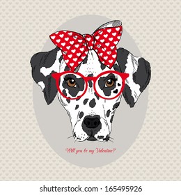 Hand Drawn Portrait of Dalmatian Girl in bow and glasses, Valentine greeting card