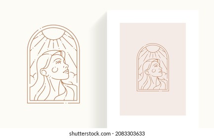 Hand Drawn Portrait Elegant Lady Face Under Sun Light In Lineart Frame Minimalist Icon Card Vector Illustration. Adorable Beauty Female Posing Natural Beam Emblem Spa Skincare Wellness Salon Isolated