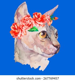 Hand drawn portrait Elegant Sphynx cat and rose. Vector isolated elements. Fashion portrait of cat. Watercolor. Sphinx