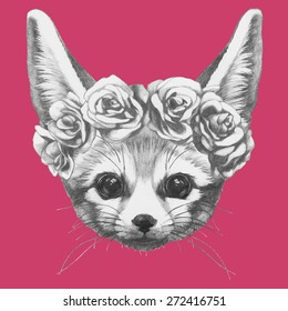 Hand drawn portrait of Fennec Fox with roses. Vector isolated elements.