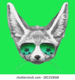 Hand drawn portrait of Fennec Fox with mirror sunglasses. Vector isolated elements