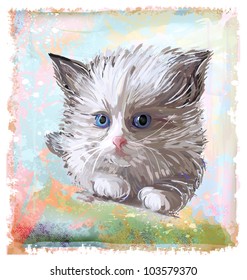 hand drawn portrait of the fluffy kitten  with blue eyes