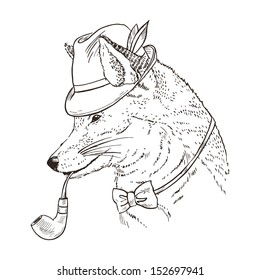 Hand Drawn Portrait of Fox with Tobacco Tube