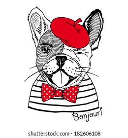 Hand drawn portrait of french bulldog dressed up in french style isolated on white