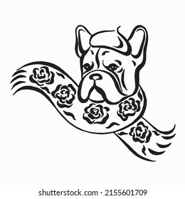 Hand drawn portrait of french bulldog dressed up in french style. Vector image of bulldog.