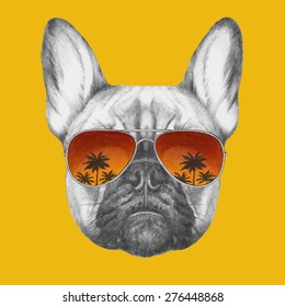 Hand drawn portrait of French Bulldog with mirror sunglasses. Vector isolated elements.