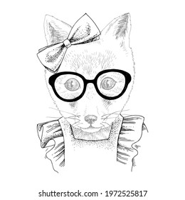 Hand drawn portrait of funny Fox with accessories