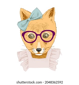 Hand drawn portrait of funny Fox with accessories