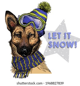 Hand drawn portrait of german shepherd dog wearing hat, goggles and scarf. Vector Christmas illustration. Colored puppy. Xmas, New Year. Greeting card, party flyer, invitation banner. Winter holiday