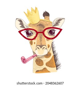 Retrato dibujado a mano de Giraffe con accesorios