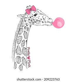 Hand drawn portrait of giraffe girl with bubble gum