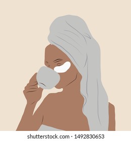 Hand drawn portrait of a girl with cosmetic patches under her eyes, a face mask drinks morning coffee with wound. in towel with wet hair. Woman figure in flat style. 