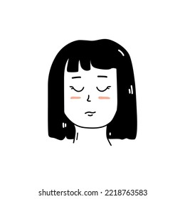 Hand drawn portrait of girl doodle style, vector illustration isolated on white background. Cute face of young smiling woman, black outline, decorative design element