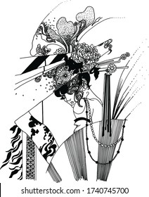 Hand drawn portrait of girl with floral wreath. Coloring book pages. Portrait of young beautiful woman. Vector isolated illustration. Black and white image. Can be printed on t-shirts, pillow, poster,