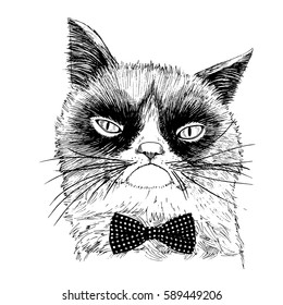 Hand drawn portrait of grumpy cat with bow tie